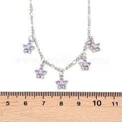 真鍮パヴェライラックキュービックジルコニアフラワーペンダントフィガロチェーンビブネックレス（女性用）  長持ちメッキ  ラックめっき  鉛フリー＆カドミウムフリー  プラチナ  15.94インチ（40.5cm）&nbsp;NJEW-F364-01P