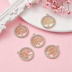 合金クリスタルラインストーンペンダント  フラット ラウンド ツリー チャーム付き  ニッケル  ライトゴールド  21.5x19x2mm  穴：1.4mm&nbsp;FIND-YW0003-63