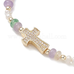 Brass Micro Pave Clear Cubic Zirconia Cross & Natural Pearl & White Jade Rondelle Beads Stretch Bracelets for Women&nbsp;BJEW-JB13114-01