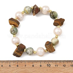 Raw Natural Tiger Eye & Round Green Line Jasper Beaded Stretch Bracelets&nbsp;BJEW-JB14287-02
