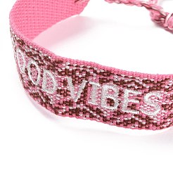 Word Good Vibes Polycotton(Polyester Cotton) Braided Bracelet with Tassel Charm&nbsp;BJEW-F429-02