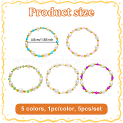 女性用プラスチックパールビーズストレッチブレスレット5個、5色  多面カットガラスビーズ  ミックスカラー  内径：1-7/8インチ（4.8cm）  1pc /カラー&nbsp;BJEW-HY0001-21