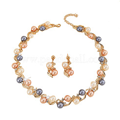 Alloy with Plastic Pearl Round Beaded Link Chain Necklaces & Stud Dangle Earrings Sets&nbsp;WG2621B-01