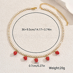 Brass Pave Clear Cubic Zirconia Tennis Chain 5 Strawberries Pendant Bib Necklaces for Women&nbsp;JT1747