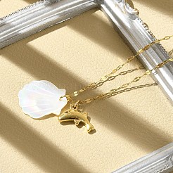 Summer Beach Natural Shell & 304 Stainless Steel Pendant Necklaces for Women&nbsp;NJEW-P323-01A-G