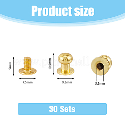真鍮と鉄ノブネジリベット30セット  ボールヘッドニップルリベットスタッド  ゴールドカラー  10.5x9.5mm  穴：3.5mm&nbsp;FIND-FH0008-64G
