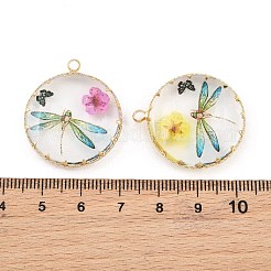 真鍮製ガラスチャーム  トンボと蝶のチャームが付いたフラットラウンド型  ドライフラワーと  ミックスカラー  29.5x25.5x7.5mm  穴：2.5mm&nbsp;GL-CBA591C-03G