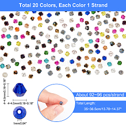 Ahadermaker® 20 連売り 20 色のガラス ビーズ 連売り  双円錐形  多面カット  ミックスカラー  4~4.5x4~4.5mm  穴：1mm  約92~96個/連  13.78~14.37インチ（35~36.5cm）  1本/色&nbsp;EGLA-GA0001-05