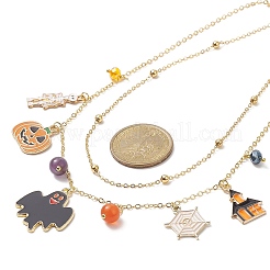真鍮サテライトチェーン二層ネックレス  スケルトン & パンプキン & コウモリ合金エナメルチャームハロウィンネックレス女性用  カラフル  15.75インチ（40cm）&nbsp;NJEW-TA00073