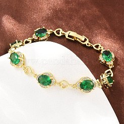 真鍮製パヴェキュービックジルコニアハートフラワーリンクチェーンブレスレット（女性用）  ラックめっき  長持ちメッキ  カドミウムフリー＆鉛フリー  18KGP本金メッキ  グリーン  7.40インチ（18.8cm）&nbsp;KK-CBA68DA-13G-04