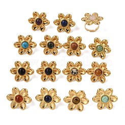 女性用304ステンレススチールカフオープンリング  花  天然＆人工宝石付き  イオンプレーティング（ip）  ゴールドカラー  usサイズ7（17.3mm）&nbsp;GG-CBA7994-02G