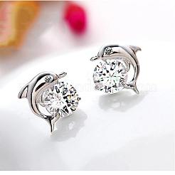 本物のプラチナメッキイルカ真鍮スタッドピアス  ラインストーン付き  クリスタル  10x10mm&nbsp;EJEW-EE0001-228