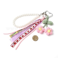 毛糸の花とポリエステルのリボンとプラスチックのパールビーズのペンダント飾り  プラチナ  ピンク  240mm&nbsp;HJEW-JM04331-03