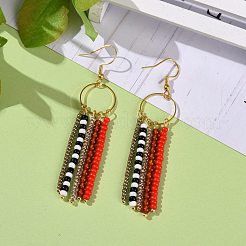 ナチュラルレッド瑪瑙＆ガラスシードビーズタッセルピアス  女性のためのピアスをぶら下げる  18KGP本金メッキ  77.8mm  ピン：0.7mm&nbsp;EJEW-JE04805