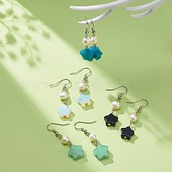 女性のための天然および合成宝石スター ダングル イヤリング  真鍮製天然淡水養殖真珠ビーズ イヤリング  プラチナ  46mm  ピン：0.6mm&nbsp;EJEW-JE05063