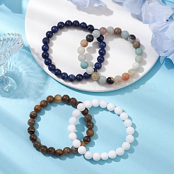 4Pcs Constellation 8mm Round Natural Lapis Lazuli & Malaysia Jade & Flower Amazonite & Yellow Tiger Eye Beaded Stretch Bracelets for Women&nbsp;BJEW-JB10638
