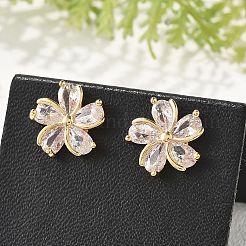 Flower Brass Micro Pave Cubic Zirconia Stud Earrings for Women&nbsp;EJEW-G428-28A-02