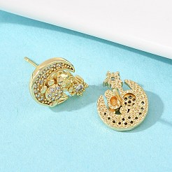 真鍮マイクロペーブクリアキュービックジルコニアスタッドピアス  長持ちするプレート  ラックめっき  鉛フリー＆カドミウムフリー  18KGP本金メッキ  ムーン  10.5x13mm&nbsp;EJEW-F400-26A-G