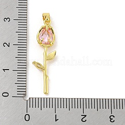 バレンタインデー用のバラの花、本物の 18k ゴールドメッキラックメッキ真鍮マイクロパヴェキュービックジルコニアペンダント  長持ちメッキ  鉛フリー＆カドミウムフリー  ピンク  28x8.5x4mm  穴：4.5x2.5mm&nbsp;X-KK-R153-01D-G