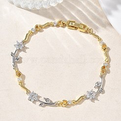 女性用真鍮マイクロパヴェキュービックジルコニアリンクチェーンブレスレット  花  長持ちメッキ  ラックめっき  カドミウムフリー＆鉛フリー  18KGP本金メッキ  本物の金メッキと本物のプラチナメッキ  透明  7.48インチ（19cm）&nbsp;BJEW-C156-04B-05GP