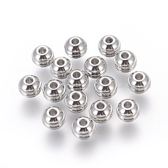 変色しにくい201ステンレススチールビーズ  溝付き  ドラム  ステンレス鋼色  6x5mm  穴：1.8mm&nbsp;STAS-E451-34P