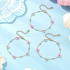 ガラスとABSプラスチックの模造真珠ビーズリンクブレスレット  女性用304ステンレススチールアズキチェーンブレスレット  花  パールピンク  7-3/8インチ（18.7cm）  50mmエクステンダー&nbsp;BJEW-JB12572-05