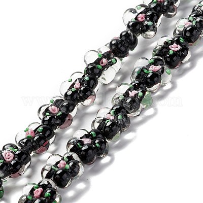 手作りランプワークビーズ連売り  バンピー  花  ブラック  13.5~14x14.5~15x7~8mm  穴：1.4mm  約28個/連  14.57インチ（37cm）&nbsp;LAMP-D015-08D-1