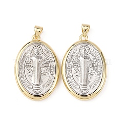 Brass Religion Pendants, Oval with Saint Benedict, Rack Plating, Long-Lasting Plated, Lead Free & Cadmium Free, with Jump Ring, Real 18K Gold Plated, 30x19.5x4.5mm, Hole: 5x3.5mm