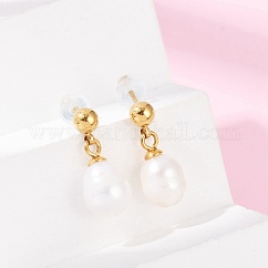 304 Stainless Steel Natural Freshwater Pearl Dangle Stud Earrings, Ion Plating(IP), Oval, Real 14K Gold Plated, 15~19x6~7.5mm