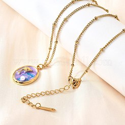 夏のビーチ 304 ステンレススチール ライラック エナメル ペンダントネックレス 女性用  プラスチックパール付き  18KGP本金メッキ  イルカとの楕円形の  15.94インチ（40.5cm）  ペンダント：19.5x13x4mm&nbsp;NJEW-U043-01C-G