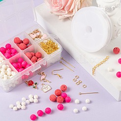 バレンタインデーのためのDIYジュエリーセット製作キット  丸い天然溶岩岩ビーズを含む  合金エナメルチャーム  鉄のピアスフック＆丸カン＆エンドチェーン  真鍮製のアイピンと伸縮性のあるクリスタルスレッド  ミックスカラー  ビーズ：210個/箱&nbsp;DIY-LS0001-83