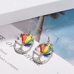 Oval with Tree of Life Glass Seed Braided Dangle Earrings&nbsp;EJEW-JE04874-01