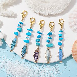 合金エナメルペンダントデコレーション  亜鉛合金カニカンと合成ターコイズビーズ付き  魚  ミックスカラー  73mm&nbsp;HJEW-JM01729