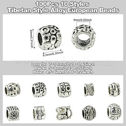 100個10スタイルチベットスタイル合金ヨーロピアンビーズ  大穴ビーズ  混合図形  アンティークシルバー  7~11x5~9mm  穴：4.5~6mm  10個/スタイル&nbsp;FIND-CJ0003-72