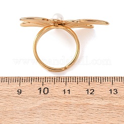304ステンレススチール製シェルビーズカフオープンリング（女性用）  花  ゴールドカラー  usサイズ7 1/4(17.5mm)  花：15.5x19mm。&nbsp;RJEW-E301-01C