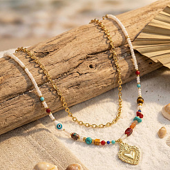 Handmade Natural Mixed Stone Beaded Double Layer Necklaces with Stainless Steel Sacred Heart Pendant for Women Daily Wear&nbsp;OB9788-1