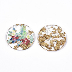 透明エポキシ樹脂ペンダント  金箔  3dプリント  花柄とフラットラウンド  カラフル  39~40x3mm  穴：1.6mm&nbsp;X-KY-S163-138