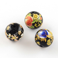 混合の花の画像印刷ガラスラウンドビーズ  ブラック  12mm  穴：1.5mm&nbsp;GFB-R004-12mm-M21