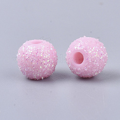 不透明なアクリルビーズ  グリッターパウダー付き  ラウンド  パールピンク  8.5x7mm  穴：2mm&nbsp;LS-MACR-T033-01B