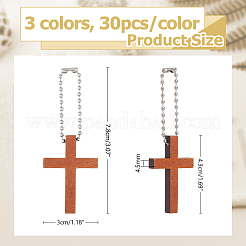 90色の木製ペンダント装飾3個  鉄ボールチェーン付き  corss  ミックスカラー  78mm  30個/カラー&nbsp;HJEW-DC00040