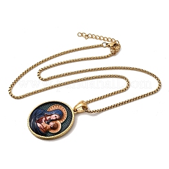 Unisex Religion 304 Stainless Steel Enamel Oval Pendant Box Chain Necklaces&nbsp;STAS-H258-02G-01