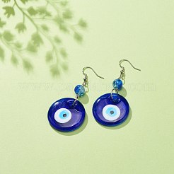 ランプワークナザールボンジュウぶら下がりイヤリング  女性のための真鍮のアクセサリー  ブルー  67.5~68mm  ピン：0.5mm&nbsp;EJEW-JE05025