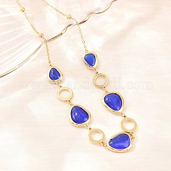 女性用 304ステンレススチール製ブルーガラスティアドロップリングリンクチェーンネックレス  イオンプレーティング（ip）  ゴールドカラー  16.14インチ（41cm）&nbsp;NJEW-D326-03G