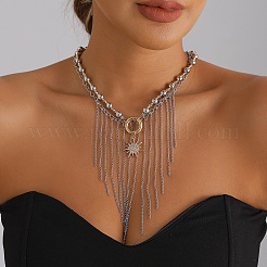 Two Tone Alloy Sun and Chain Tassel 2-Strand Bib Necklaces with CCB Plastic Beads for Women&nbsp;WG233F9-01