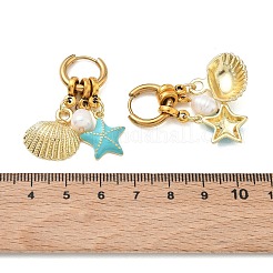 ヒトデと貝殻のチャームが付いた202ステンレススチール製のぶら下がりフープピアス  天然養殖淡水真珠、真鍮エナメル、合金ペンダント付き  ゴールドカラー  39mm&nbsp;EJEW-JE07063
