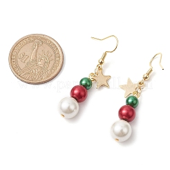クリスマス ラウンド ガラス & シェル パール ダングル イヤリング  女性用スター真鍮イヤリング  ゴールドカラー  50x10mm&nbsp;EJEW-TA00506