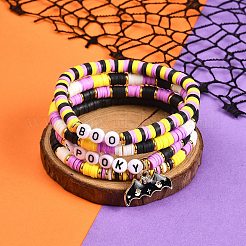 4 個 4 スタイルポリマークレイ Heishi サーファーストレッチブレスレットセット合金エナメルバットチャーム付き  ハロウィン用のワードブー不気味なアクリルの積み重ね可能なブレスレット  ミックスカラー  内径：2-3/8インチ（6cm）  1個/スタイル&nbsp;BJEW-TA00253
