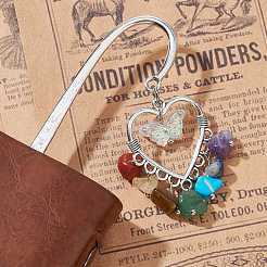 Chakra Gemstone Chip Beaded Tassel Heart Pendant Bookmark with Acrylic Butterfly&nbsp;AJEW-JK00258