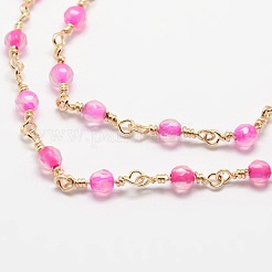 3.28フィートファセットラウンドナチュラル瑪瑙手作りビーズチェーン  溶接されていない  ゴールデン真鍮パーツ  カドミウムフリー＆ニッケルフリー＆鉛フリー  濃いピンク  14.5x4mm&nbsp;X-CHC-L034-26-NR