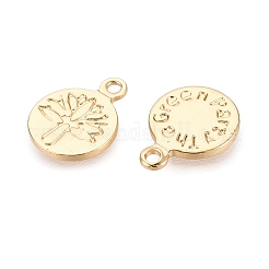 真鍮チャーム  蓮の花のチャームが付いたフラットラウンド  18KGP本金メッキ  8x6x0.8mm  穴：0.9mm&nbsp;KK-N288-01G